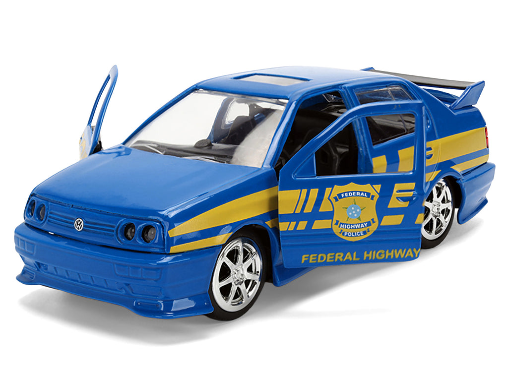 Volkswagen Jetta Police Vehicle 'Rio Federal Highway Police' Blue with Yellow Stripes 'Fast Five' (2011) Movie 'Fast & Furious' Series 1/32 Diecast Model Car by Jada