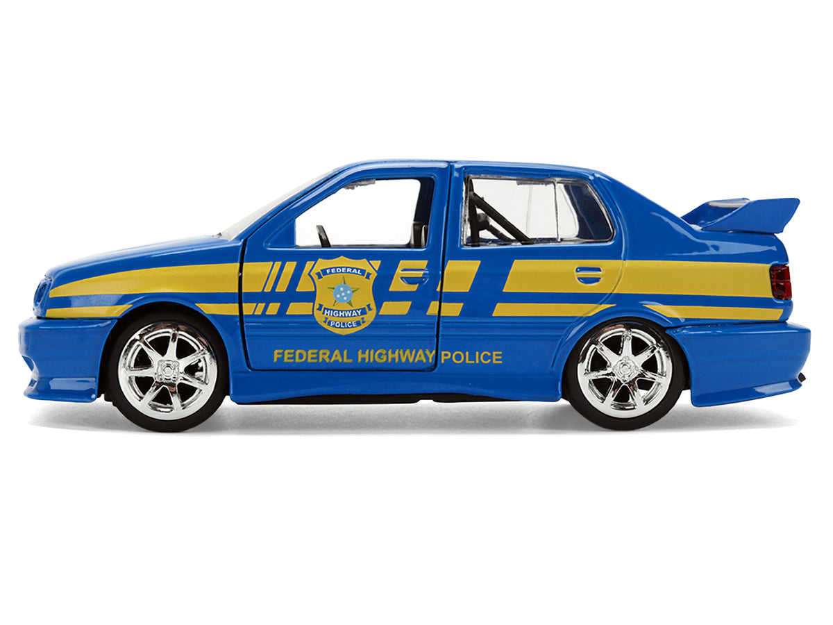 Volkswagen Jetta Police Vehicle 'Rio Federal Highway Police' Blue with Yellow Stripes 'Fast Five' (2011) Movie 'Fast & Furious' Series 1/32 Diecast Model Car by Jada