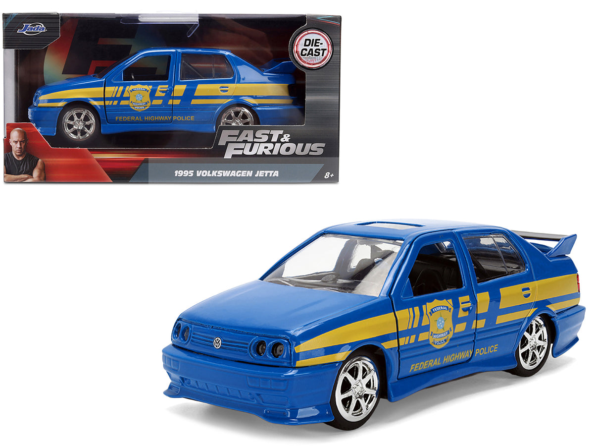 Volkswagen Jetta Police Vehicle 'Rio Federal Highway Police' Blue with Yellow Stripes 'Fast Five' (2011) Movie 'Fast & Furious' Series 1/32 Diecast Model Car by Jada