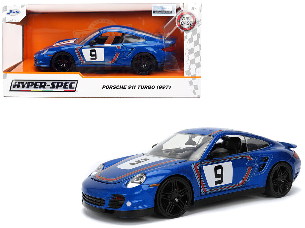 Porsche 911 Turbo (997) #9 Blue Metallic with Stripes 'Hyper-Spec' Series 1/24 Diecast Model Car by Jada