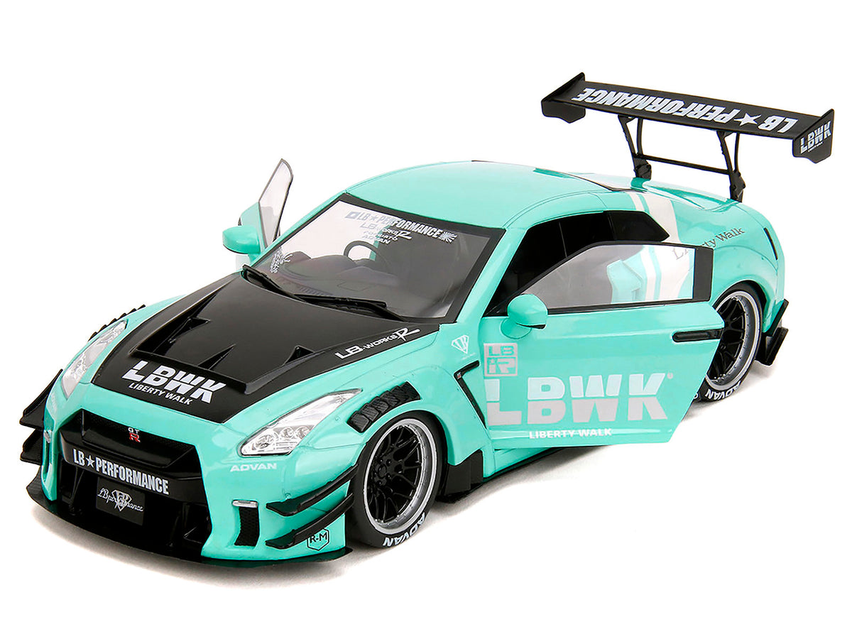 Nissan GT-R (R35) Liberty Walk Body Kit 2.0 RHD (Right Hand Drive) Light Blue with Black Hood and White Stripes 'Pink Slips' Series 1/18 Diecast Model Car by Jada
