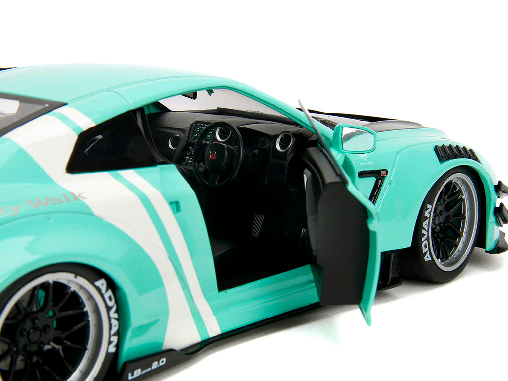 Nissan GT-R (R35) Liberty Walk Body Kit 2.0 RHD (Right Hand Drive) Light Blue with Black Hood and White Stripes 'Pink Slips' Series 1/18 Diecast Model Car by Jada