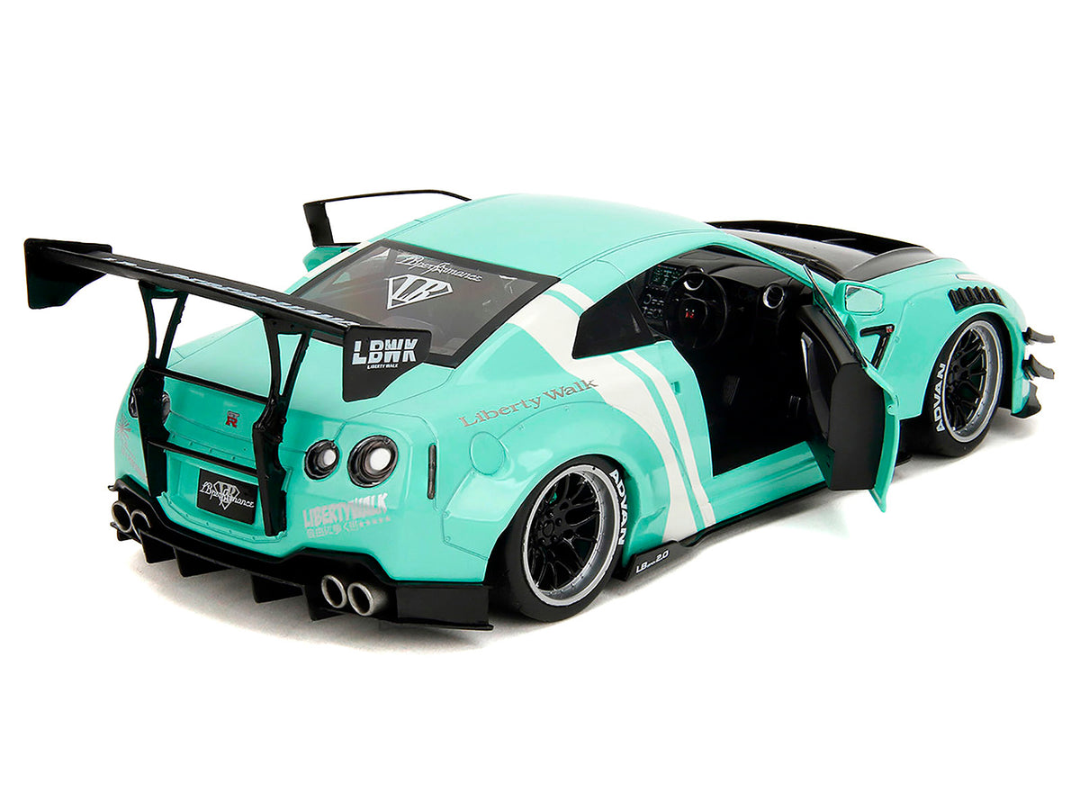 Nissan GT-R (R35) Liberty Walk Body Kit 2.0 RHD (Right Hand Drive) Light Blue with Black Hood and White Stripes 'Pink Slips' Series 1/18 Diecast Model Car by Jada