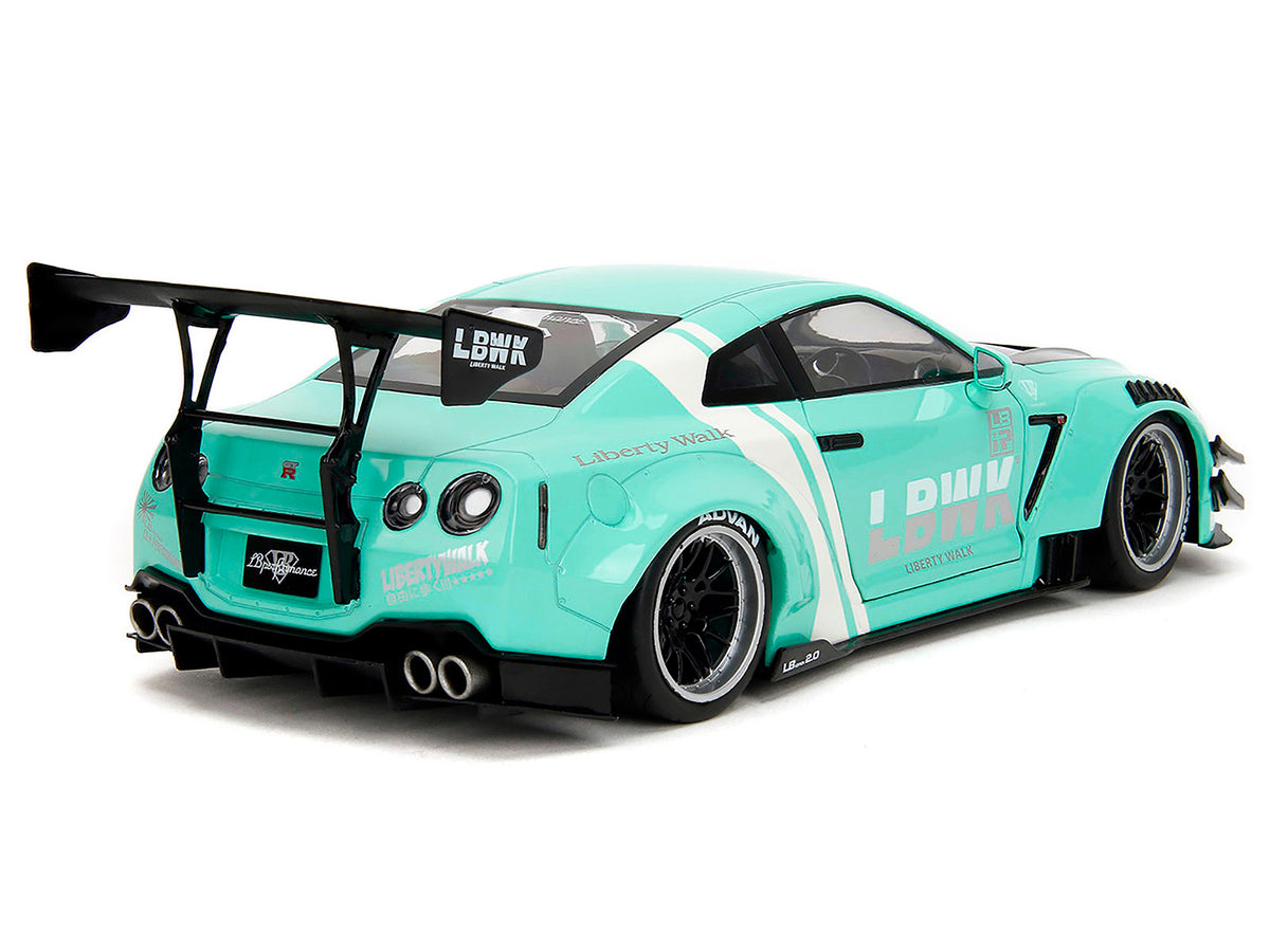 Nissan GT-R (R35) Liberty Walk Body Kit 2.0 RHD (Right Hand Drive) Light Blue with Black Hood and White Stripes 'Pink Slips' Series 1/18 Diecast Model Car by Jada