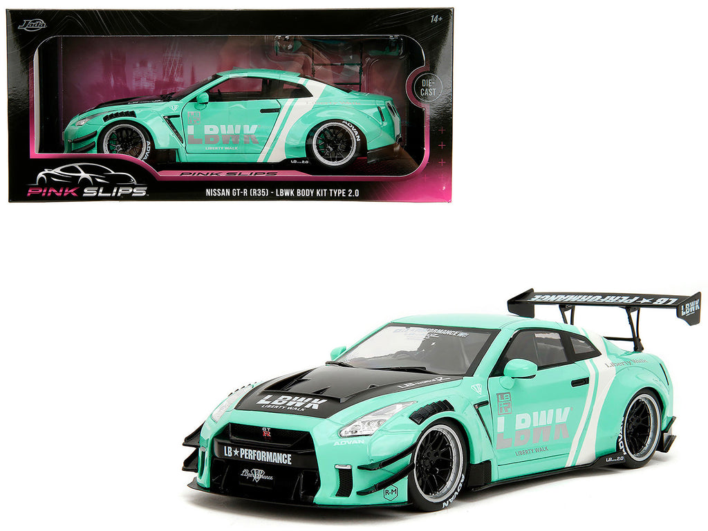 Nissan GT-R (R35) Liberty Walk Body Kit 2.0 RHD (Right Hand Drive) Light Blue with Black Hood and White Stripes 'Pink Slips' Series 1/18 Diecast Model Car by Jada