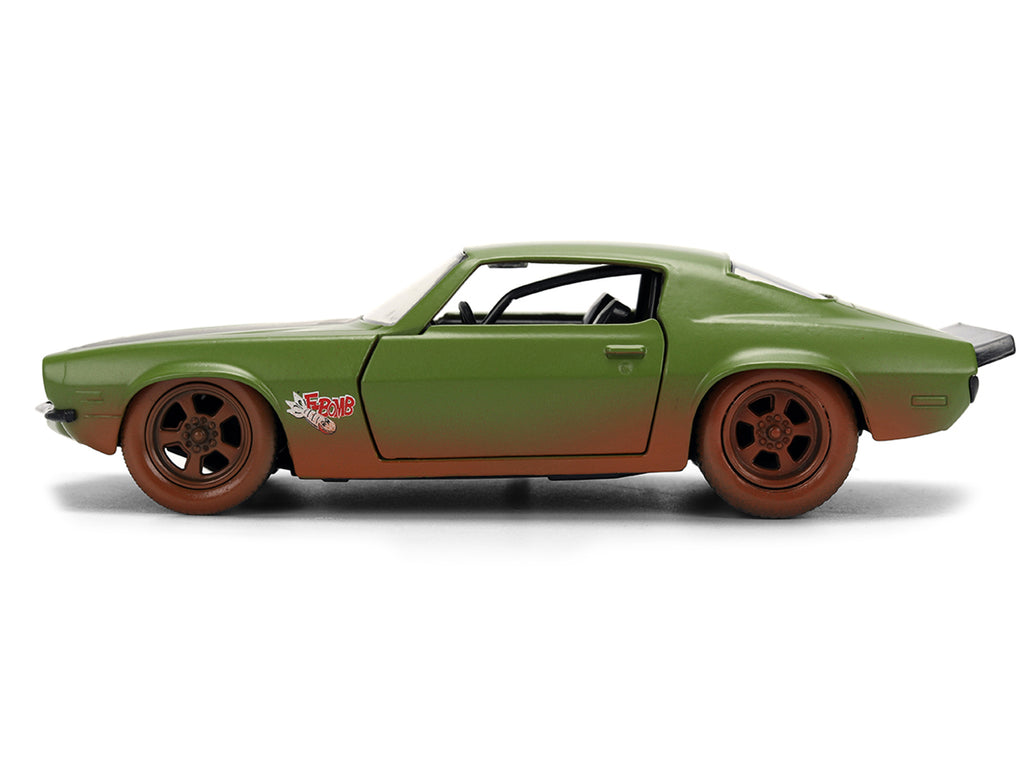 Dom's 1973 Chevrolet Camaro 'F-Bomb' Matt Green (Dirty Version) with Black Hood Stripe 'Fast & Furious' (2009) Movie 'Fast & Furious 25 Years' Series 1/32 Diecast Model Car by Jada