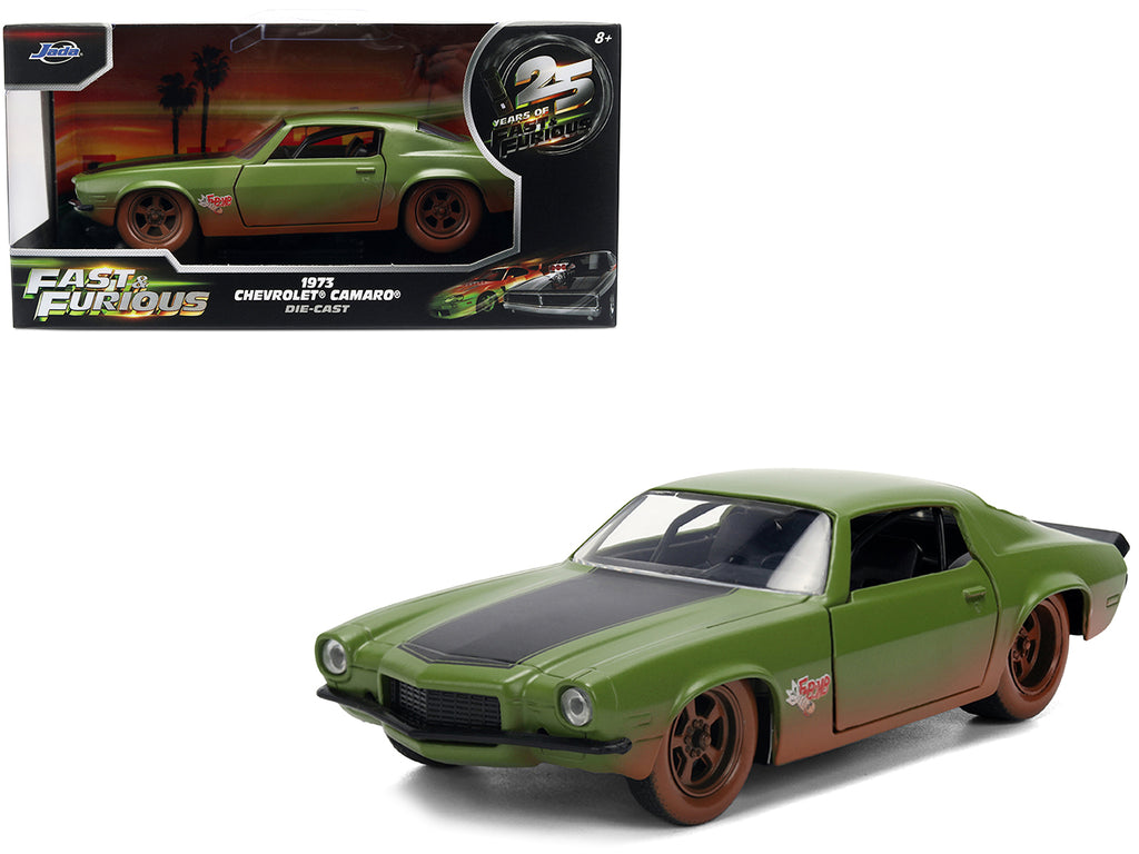 Dom's 1973 Chevrolet Camaro 'F-Bomb' Matt Green (Dirty Version) with Black Hood Stripe 'Fast & Furious' (2009) Movie 'Fast & Furious 25 Years' Series 1/32 Diecast Model Car by Jada