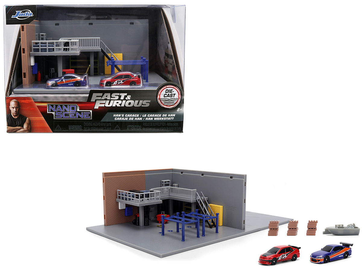'Fast & Furious' Han's Garage Diorama with 2 Cars and Accessories 'Nano Scene' Series 1/32 Model by Jada
