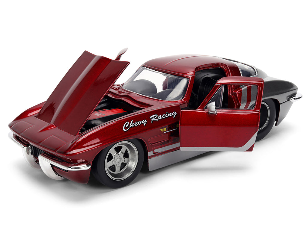 1963 Chevrolet Corvette Stingray 'Chevy Racing' Red Metallic and Gray 'Bigtime Muscle' Series 1/24 Diecast Model Car by Jada