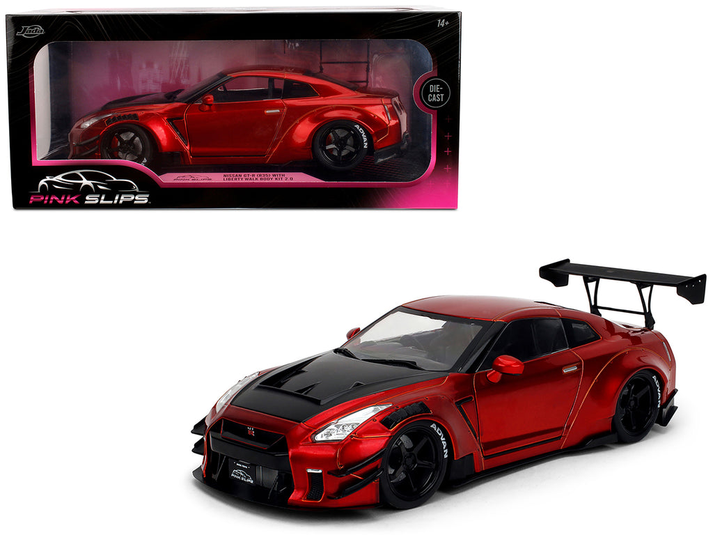 Nissan GT-R (R35) Liberty Walk Body Kit 2.0 RHD (Right Hand Drive) Red Metallic with Carbon Hood 'Pink Slips' Series 1/18 Diecast Model Car by Jada