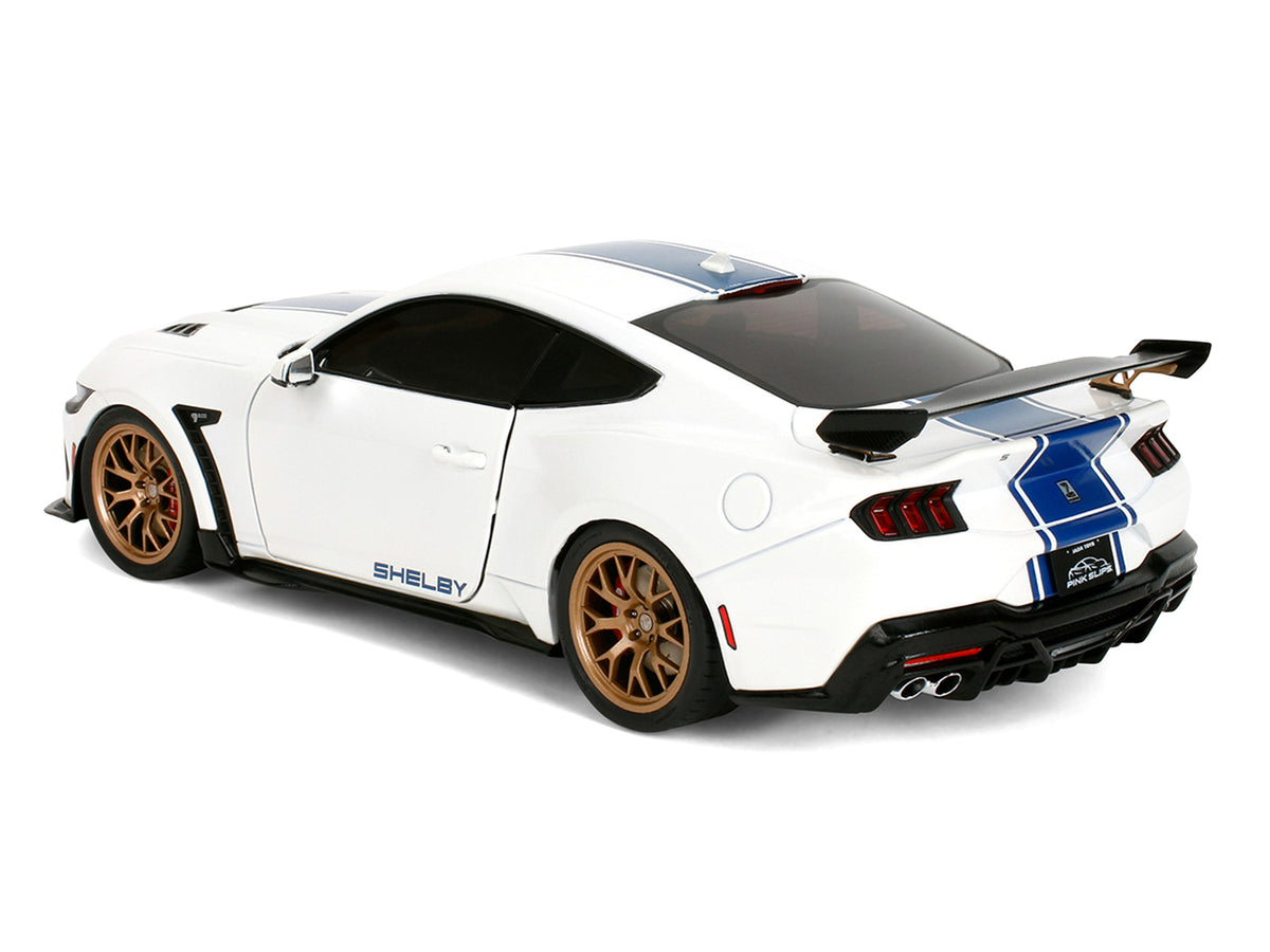 Ford Mustang Shelby Super Snake White Metallic with Blue Stripes and Gold Wheels 'Pink Slips' Series 1/18 Diecast Model Car by Jada