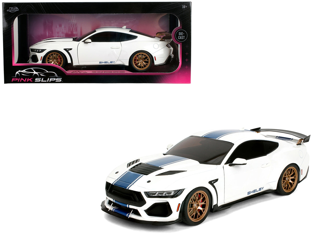 Ford Mustang Shelby Super Snake White Metallic with Blue Stripes and Gold Wheels 'Pink Slips' Series 1/18 Diecast Model Car by Jada