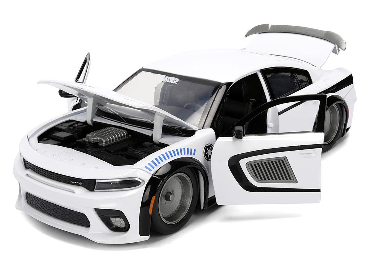 2021 Dodge Charger SRT Hellcat White with Graphics and Stormtrooper Figure 'Star Wars' Franchise 'Hollywood Rides' Series 1/24 Diecast Model Car by Jada