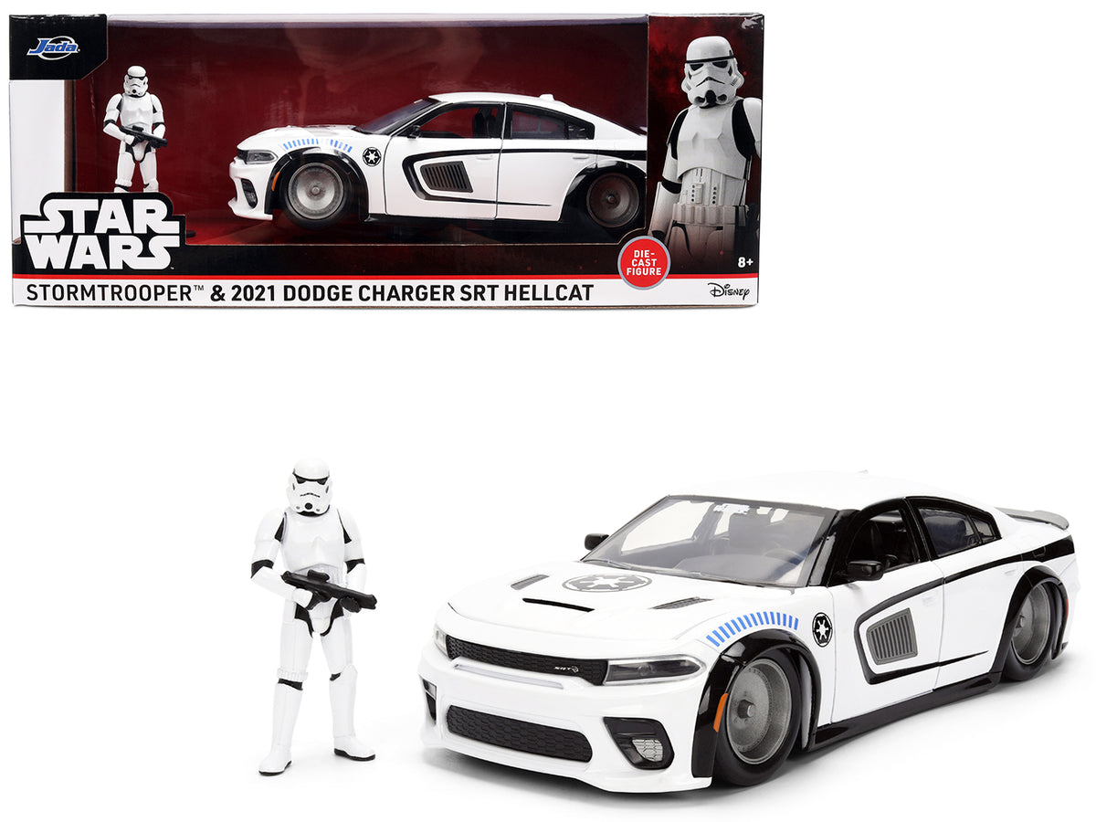 2021 Dodge Charger SRT Hellcat White with Graphics and Stormtrooper Figure 'Star Wars' Franchise 'Hollywood Rides' Series 1/24 Diecast Model Car by Jada