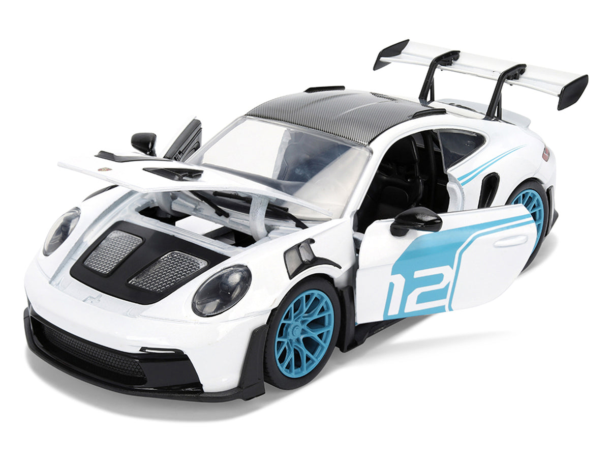 Porsche 911 GT3 RS (992) #12 White with Blue Stripes and Carbon Top 'Hyper-Spec' Series 1/24 Diecast Model Car by Jada