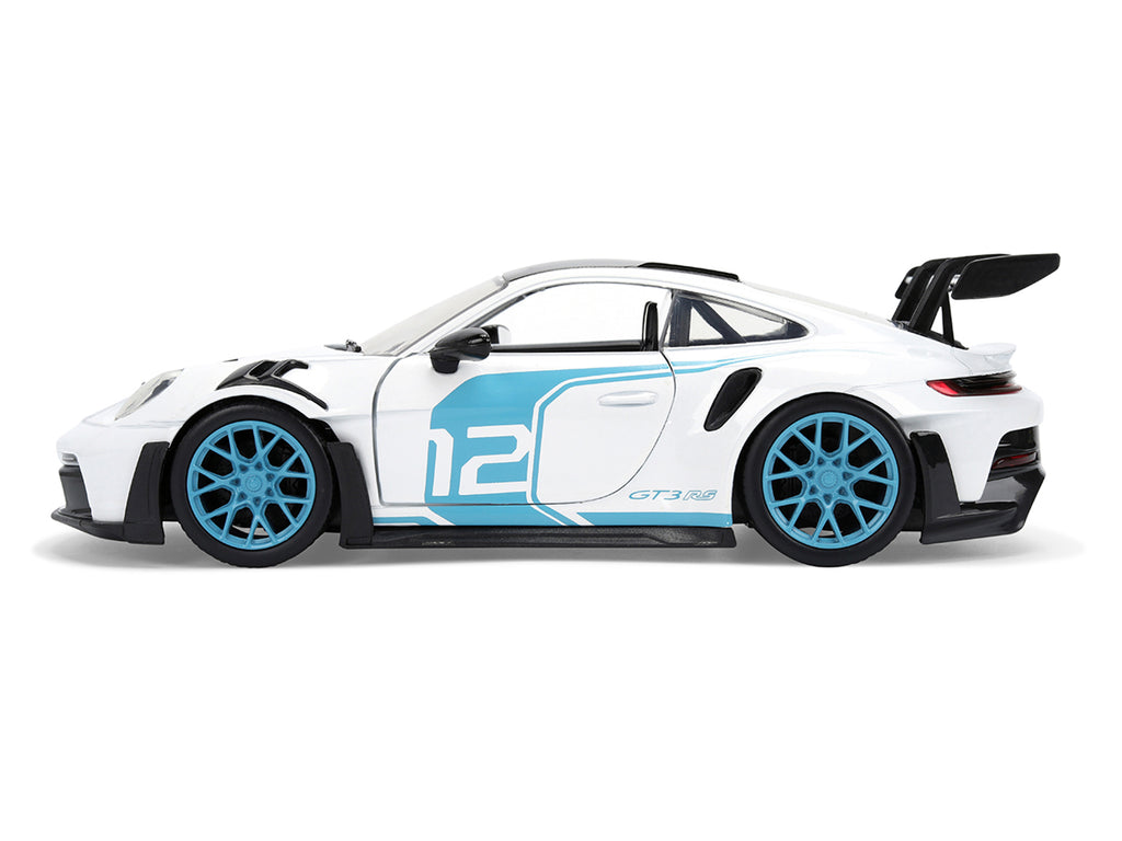 Porsche 911 GT3 RS (992) #12 White with Blue Stripes and Carbon Top 'Hyper-Spec' Series 1/24 Diecast Model Car by Jada