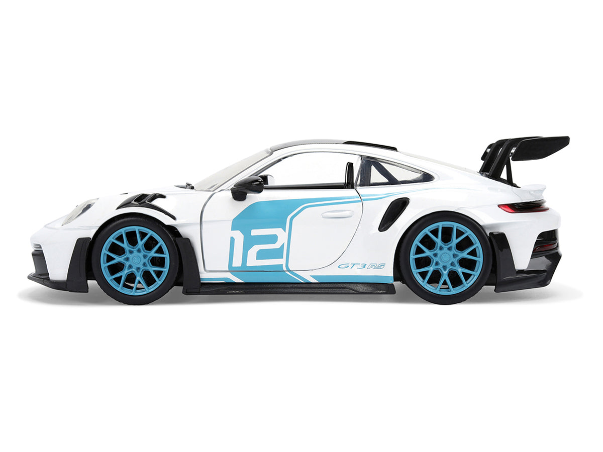 Porsche 911 GT3 RS (992) #12 White with Blue Stripes and Carbon Top 'Hyper-Spec' Series 1/24 Diecast Model Car by Jada