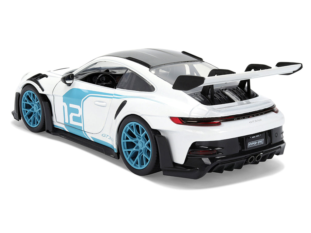 Porsche 911 GT3 RS (992) #12 White with Blue Stripes and Carbon Top 'Hyper-Spec' Series 1/24 Diecast Model Car by Jada
