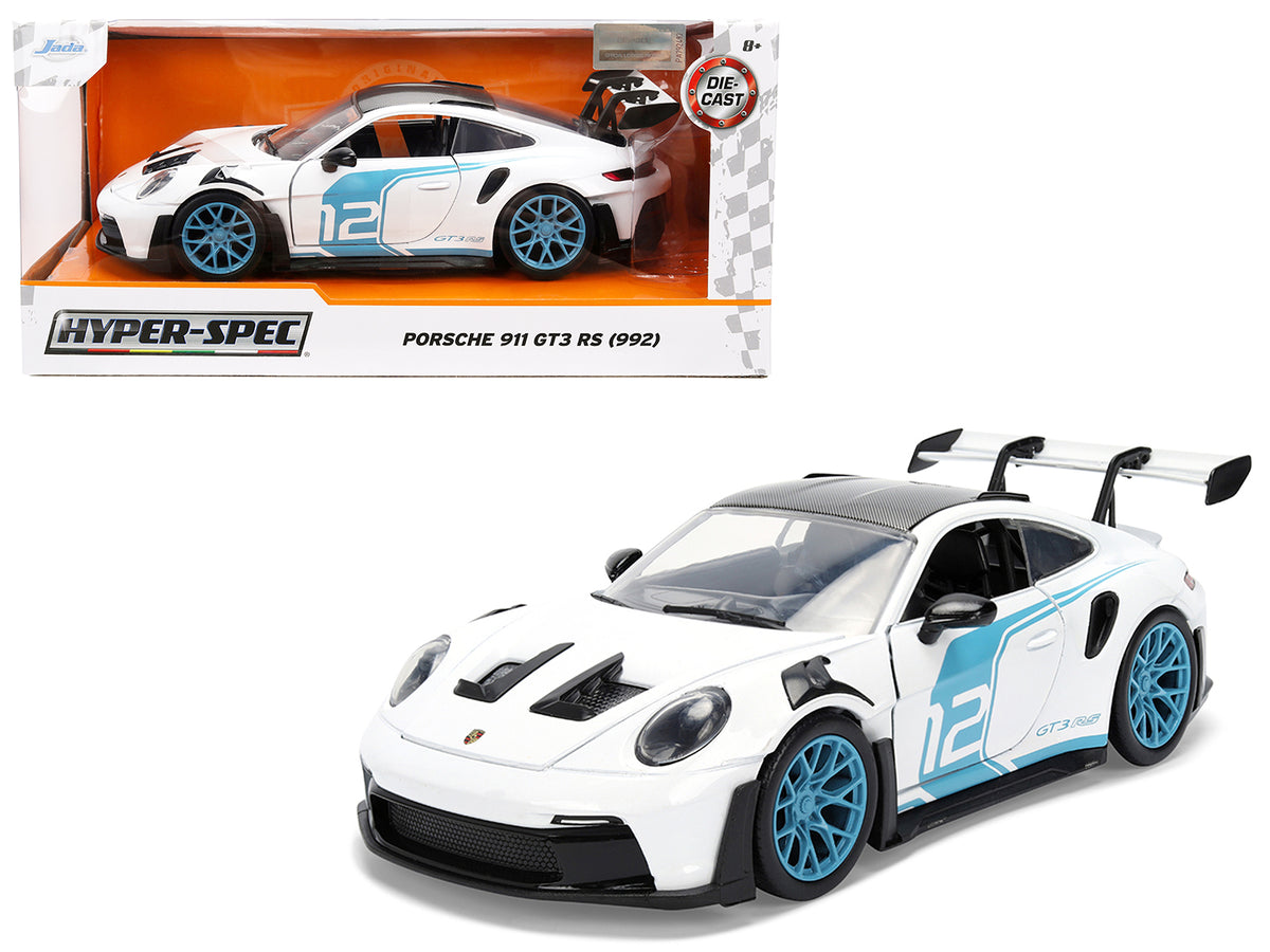 Porsche 911 GT3 RS (992) #12 White with Blue Stripes and Carbon Top 'Hyper-Spec' Series 1/24 Diecast Model Car by Jada