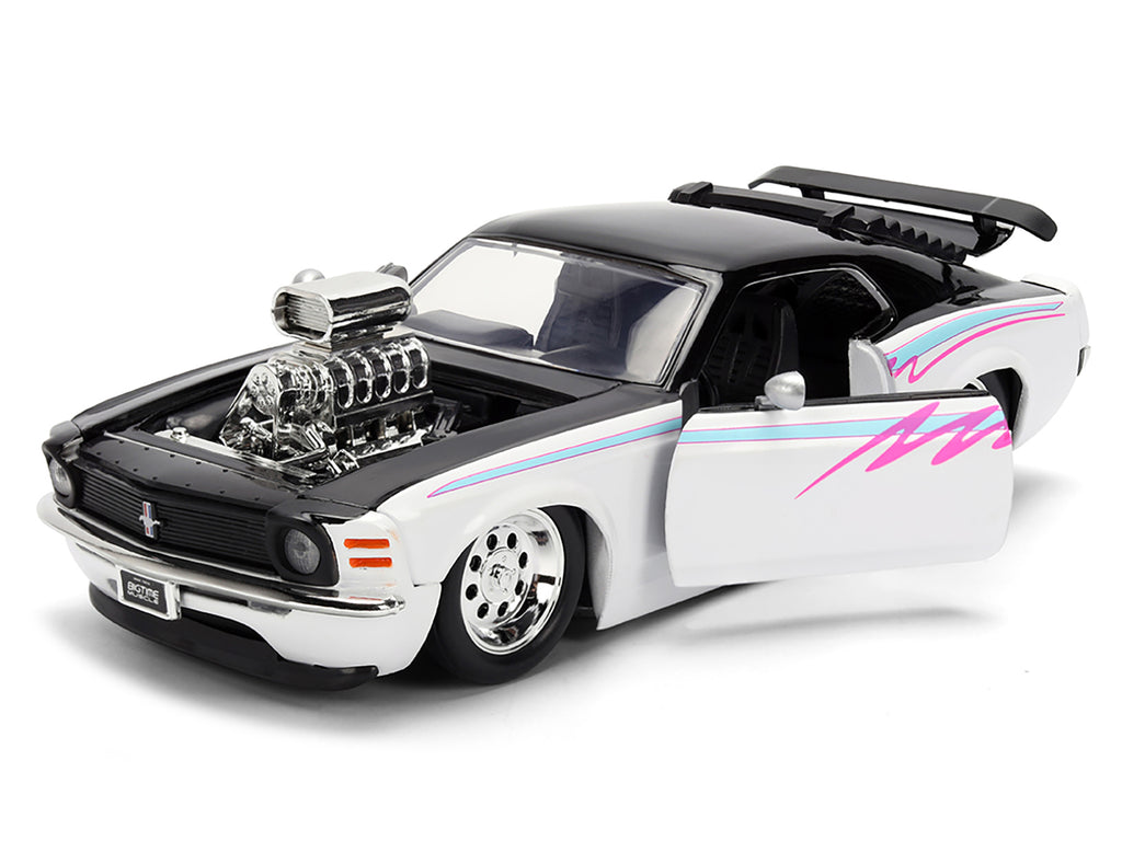 1970 Ford Mustang Boss 429 Black and White with Graphics 'Bigtime Muscle' Series 1/24 Diecast Model Car by Jada