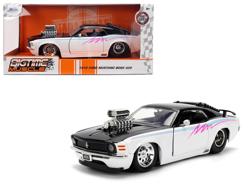 1970 Ford Mustang Boss 429 Black and White with Graphics 'Bigtime Muscle' Series 1/24 Diecast Model Car by Jada