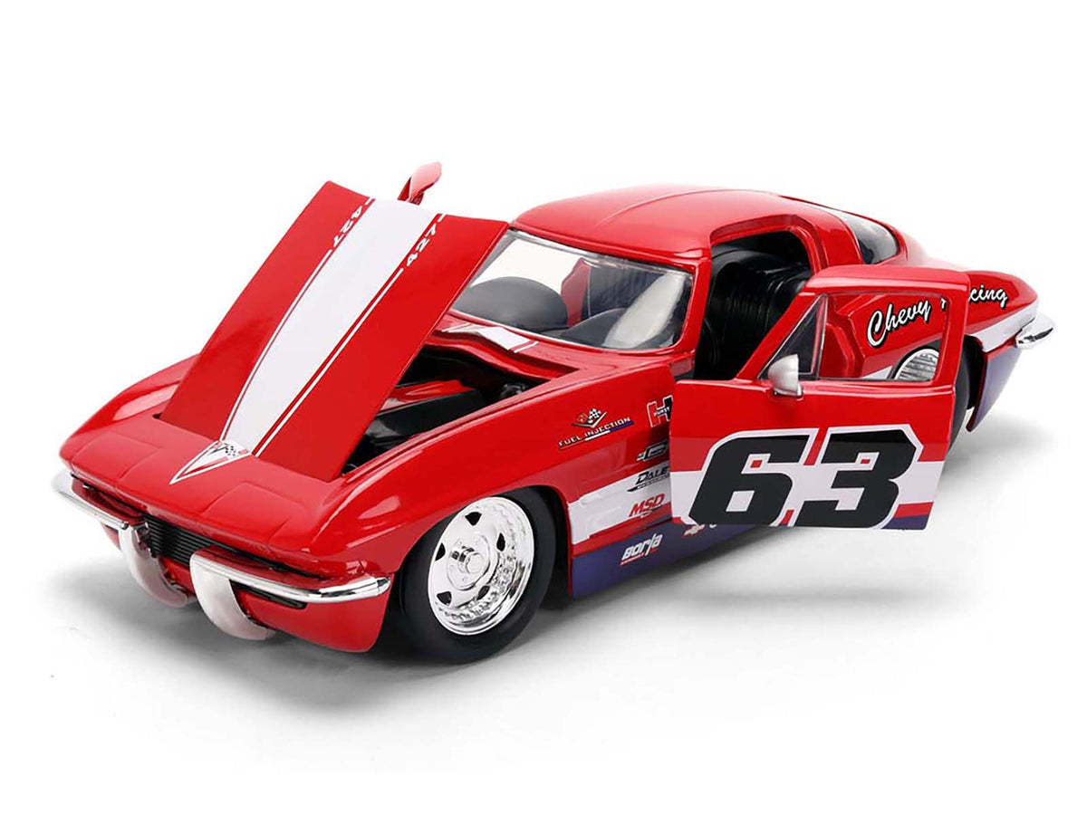 1963 Chevrolet Corvette Stingray #63 'Chevy Racing' Red with White and Blue Stripes 'Bigtime Muscle' Series 1/24 Diecast Model Car by Jada