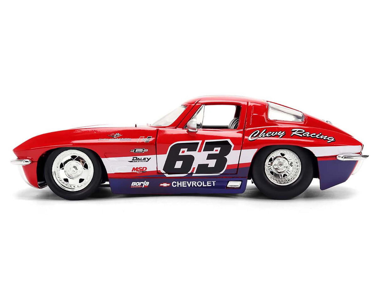 1963 Chevrolet Corvette Stingray #63 'Chevy Racing' Red with White and Blue Stripes 'Bigtime Muscle' Series 1/24 Diecast Model Car by Jada