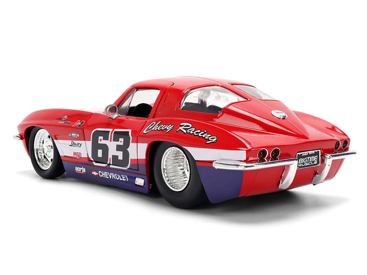 1963 Chevrolet Corvette Stingray #63 'Chevy Racing' Red with White and Blue Stripes 'Bigtime Muscle' Series 1/24 Diecast Model Car by Jada