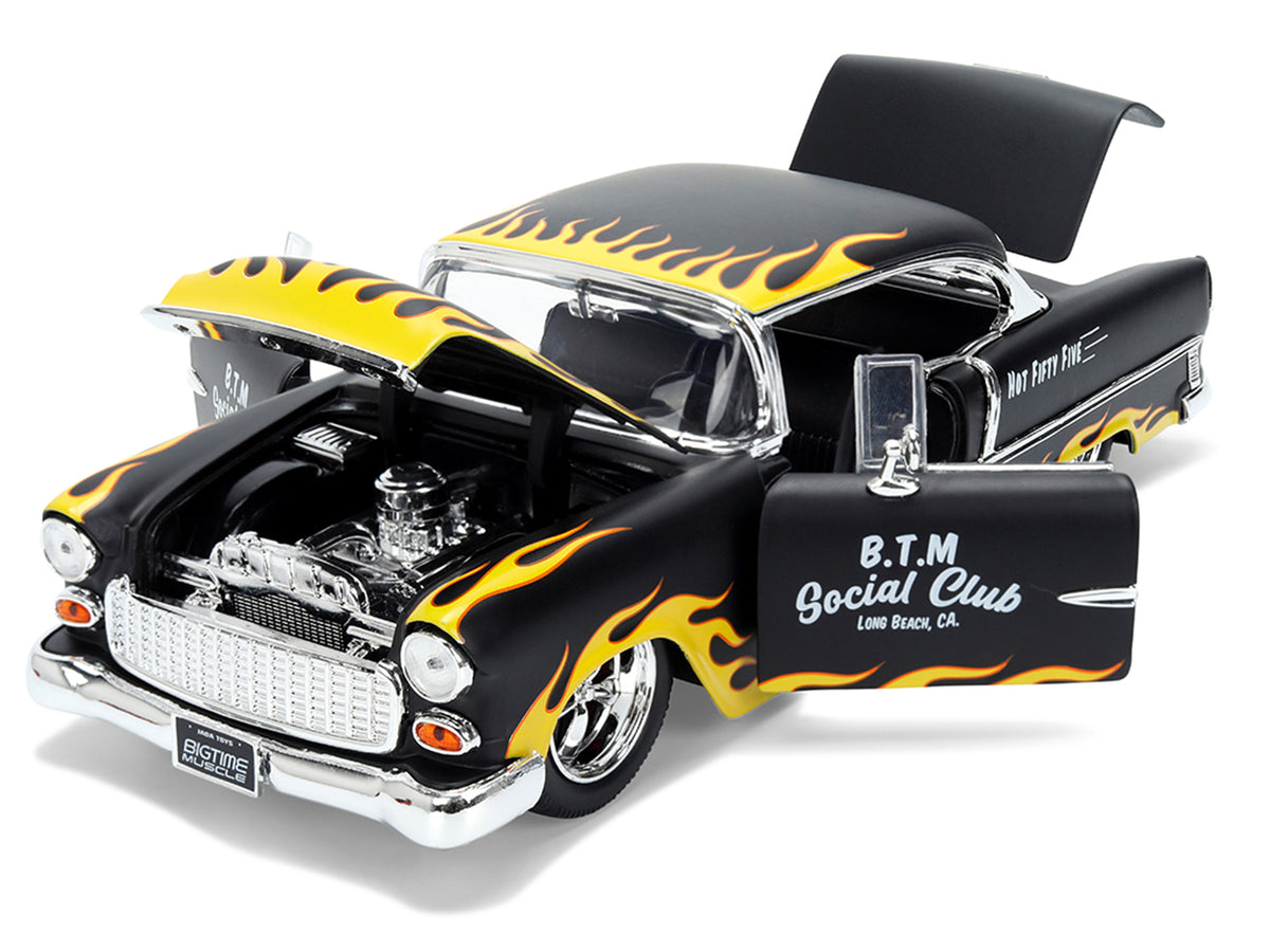 1955 Chevrolet Bel Air 'BTM Social Club' Matt Black with Flames 'Bigtime Muscle' Series 1/24 Diecast Model Car by Jada