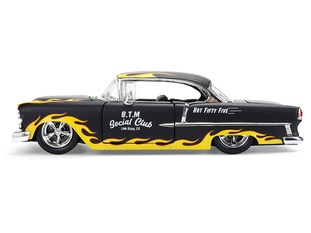 1955 Chevrolet Bel Air 'BTM Social Club' Matt Black with Flames 'Bigtime Muscle' Series 1/24 Diecast Model Car by Jada