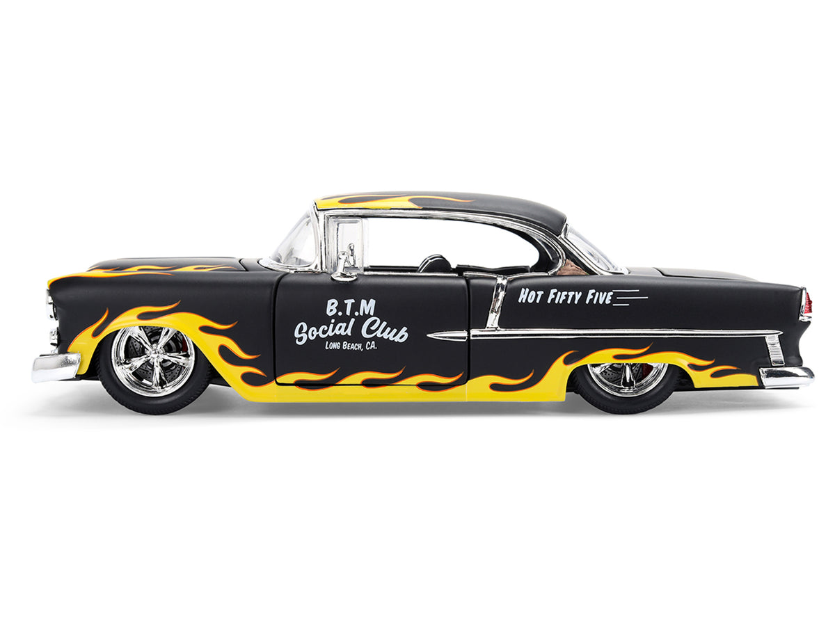 1955 Chevrolet Bel Air 'BTM Social Club' Matt Black with Flames 'Bigtime Muscle' Series 1/24 Diecast Model Car by Jada