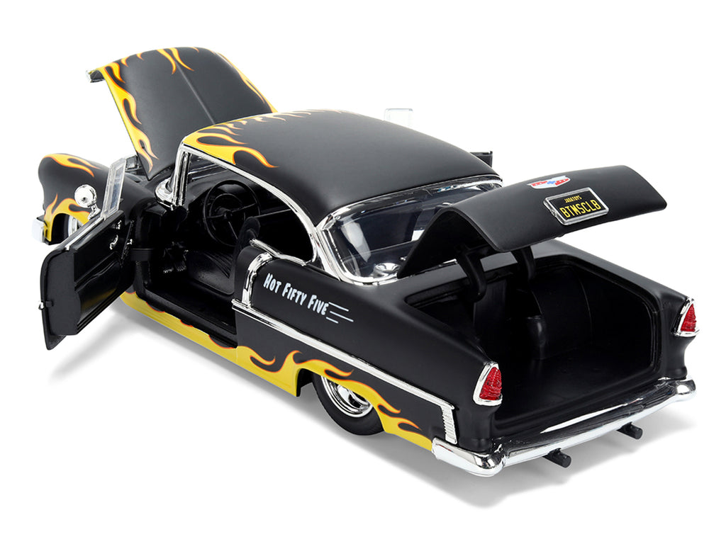 1955 Chevrolet Bel Air 'BTM Social Club' Matt Black with Flames 'Bigtime Muscle' Series 1/24 Diecast Model Car by Jada