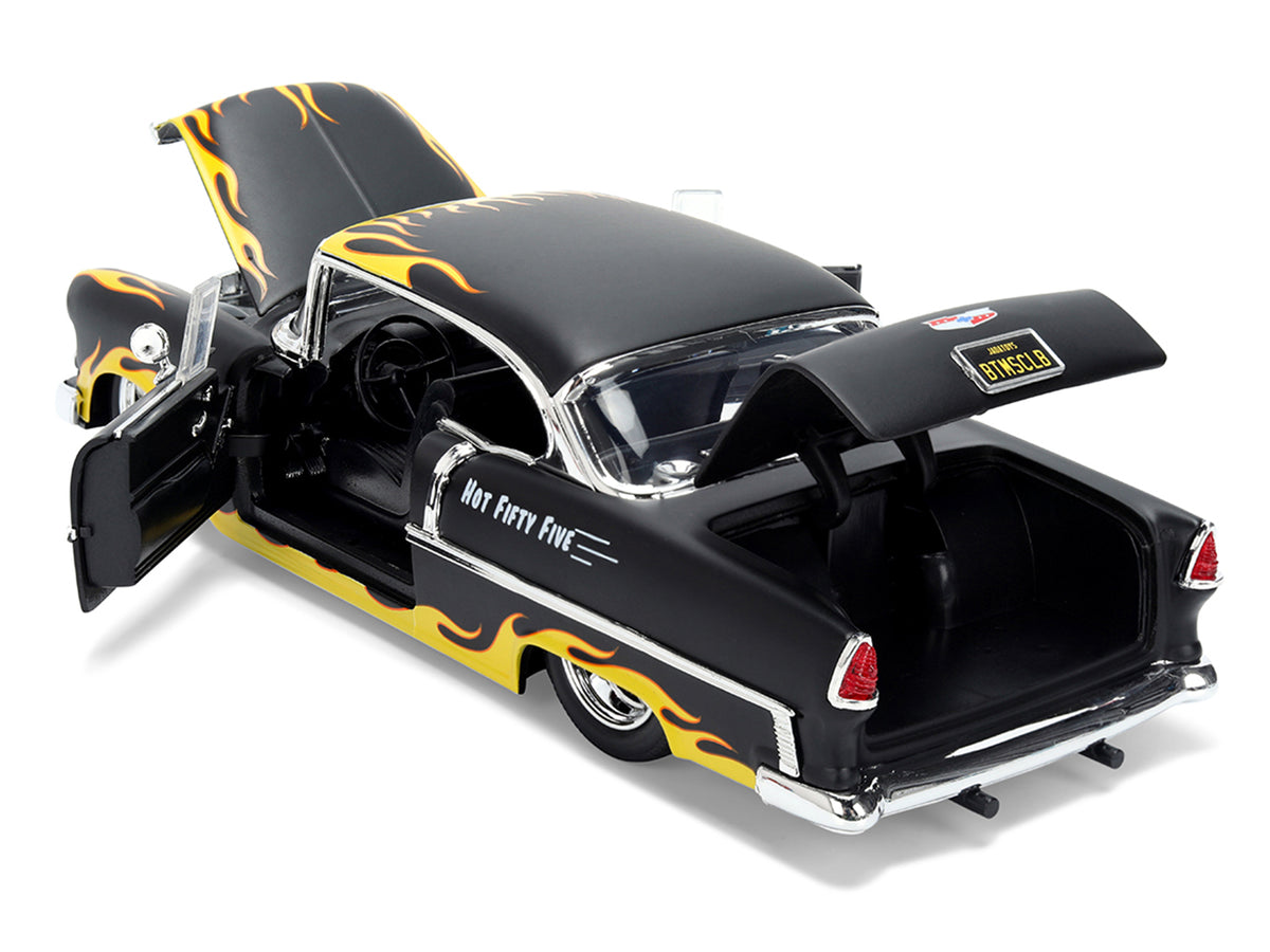 1955 Chevrolet Bel Air 'BTM Social Club' Matt Black with Flames 'Bigtime Muscle' Series 1/24 Diecast Model Car by Jada
