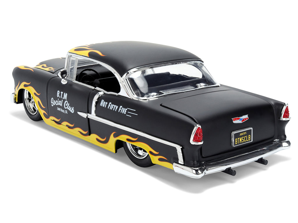 1955 Chevrolet Bel Air 'BTM Social Club' Matt Black with Flames 'Bigtime Muscle' Series 1/24 Diecast Model Car by Jada