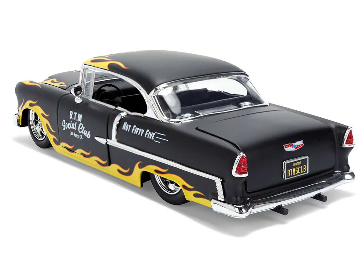 1955 Chevrolet Bel Air 'BTM Social Club' Matt Black with Flames 'Bigtime Muscle' Series 1/24 Diecast Model Car by Jada