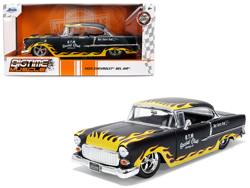 1955 Chevrolet Bel Air 'BTM Social Club' Matt Black with Flames 'Bigtime Muscle' Series 1/24 Diecast Model Car by Jada