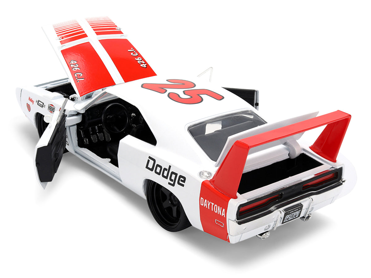 1969 Dodge Charger Daytona #25 White with Red Stripes 'Bigtime Muscle' Series 1/24 Diecast Model Car by Jada