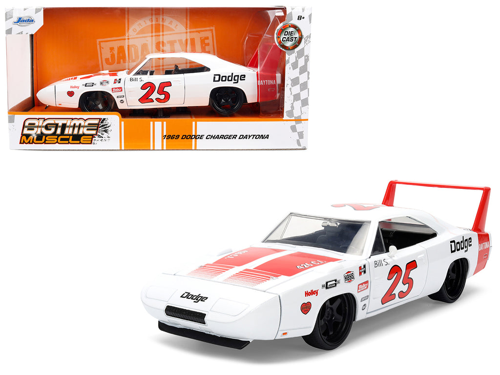 1969 Dodge Charger Daytona #25 White with Red Stripes 'Bigtime Muscle' Series 1/24 Diecast Model Car by Jada