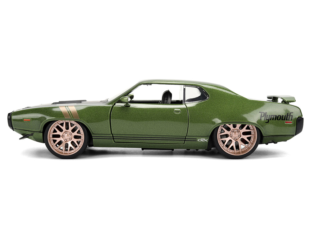 1972 Plymouth GTX Green Metallic with Matt Black Hood and Gold Stripes 'Bigtime Muscle' Series 1/24 Diecast Model Car by Jada