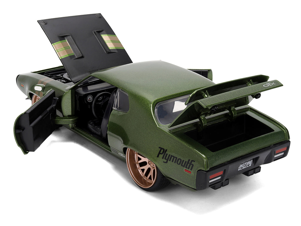 1972 Plymouth GTX Green Metallic with Matt Black Hood and Gold Stripes 'Bigtime Muscle' Series 1/24 Diecast Model Car by Jada
