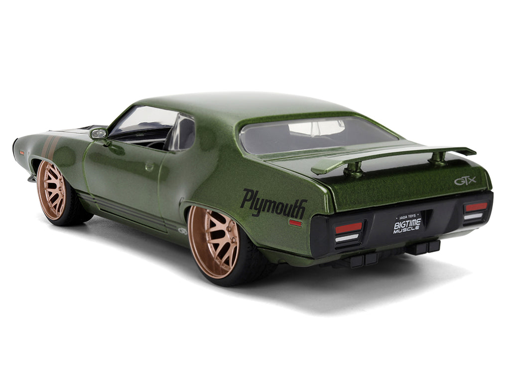 1972 Plymouth GTX Green Metallic with Matt Black Hood and Gold Stripes 'Bigtime Muscle' Series 1/24 Diecast Model Car by Jada