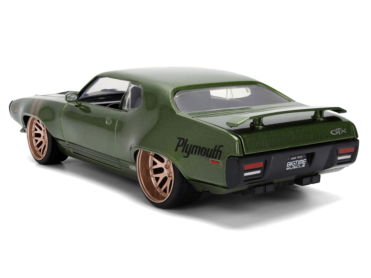 1972 Plymouth GTX Green Metallic with Matt Black Hood and Gold Stripes 'Bigtime Muscle' Series 1/24 Diecast Model Car by Jada
