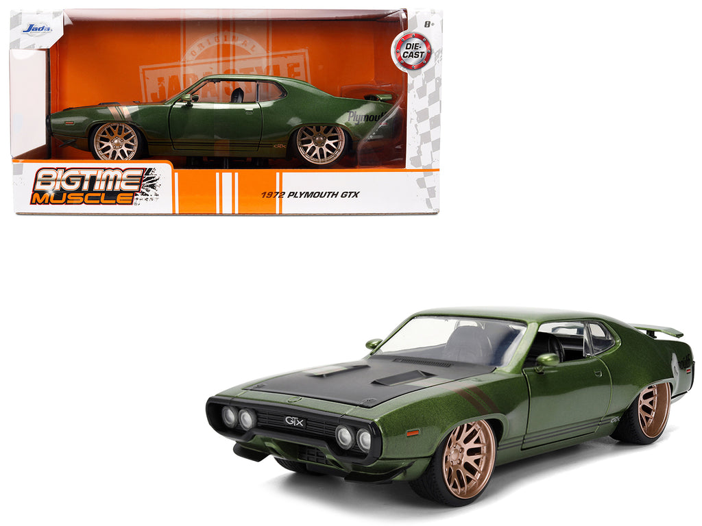 1972 Plymouth GTX Green Metallic with Matt Black Hood and Gold Stripes 'Bigtime Muscle' Series 1/24 Diecast Model Car by Jada