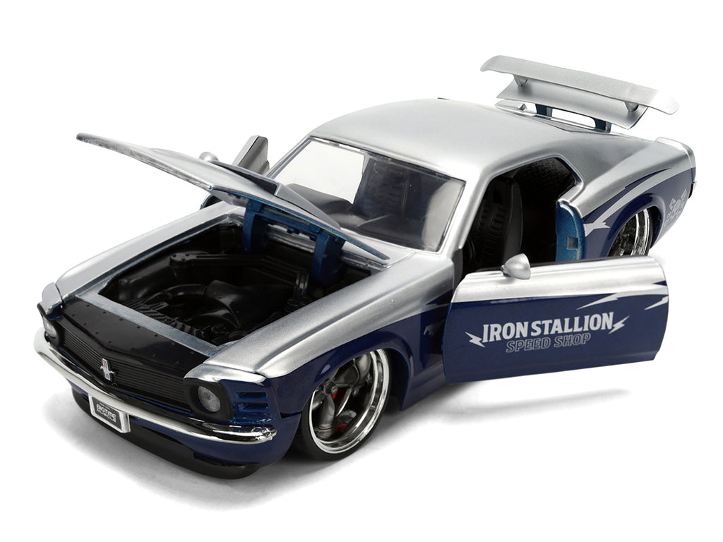 1970 Ford Mustang Boss 429 'Iron Stallion Speed Shop' Silver and Dark Blue Metallic 'Bigtime Muscle' Series 1/24 Diecast Model Car by Jada