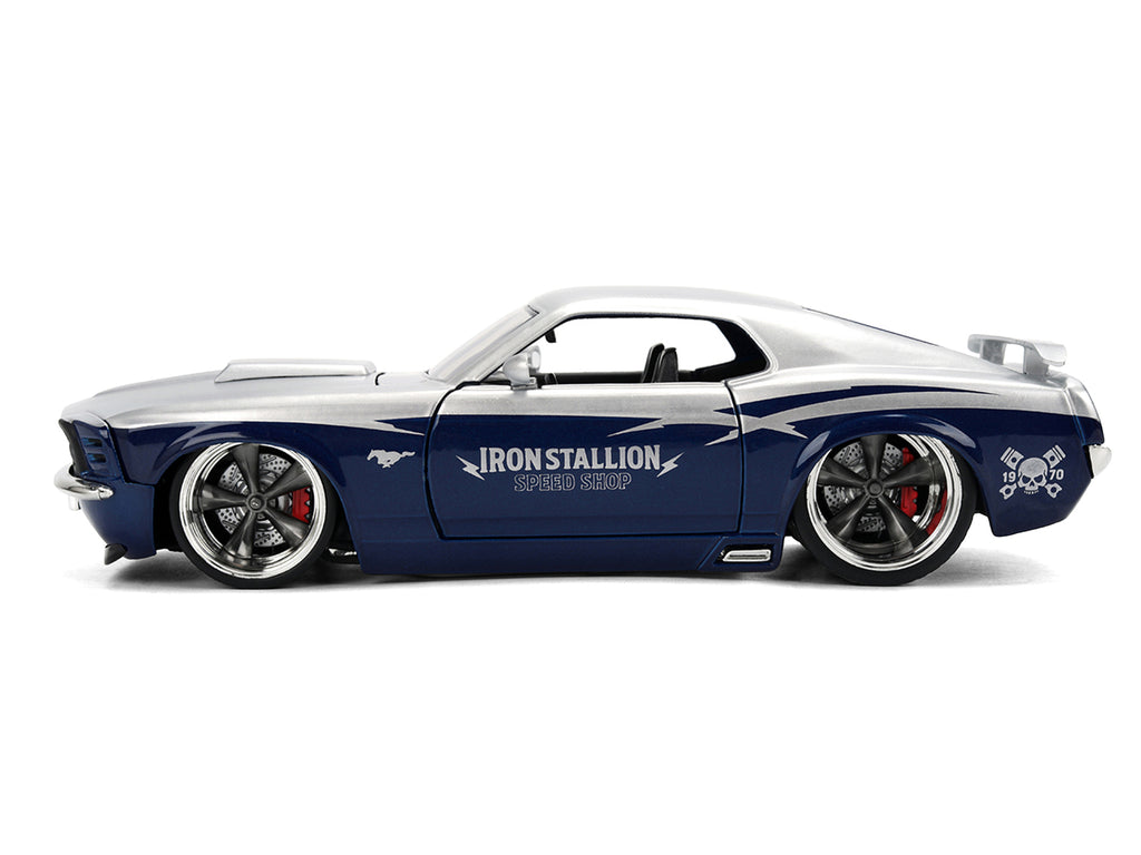 1970 Ford Mustang Boss 429 'Iron Stallion Speed Shop' Silver and Dark Blue Metallic 'Bigtime Muscle' Series 1/24 Diecast Model Car by Jada