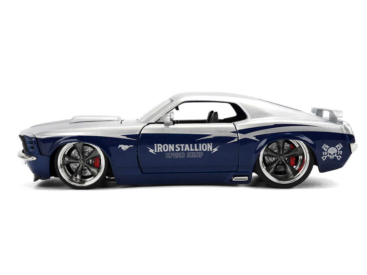 1970 Ford Mustang Boss 429 'Iron Stallion Speed Shop' Silver and Dark Blue Metallic 'Bigtime Muscle' Series 1/24 Diecast Model Car by Jada