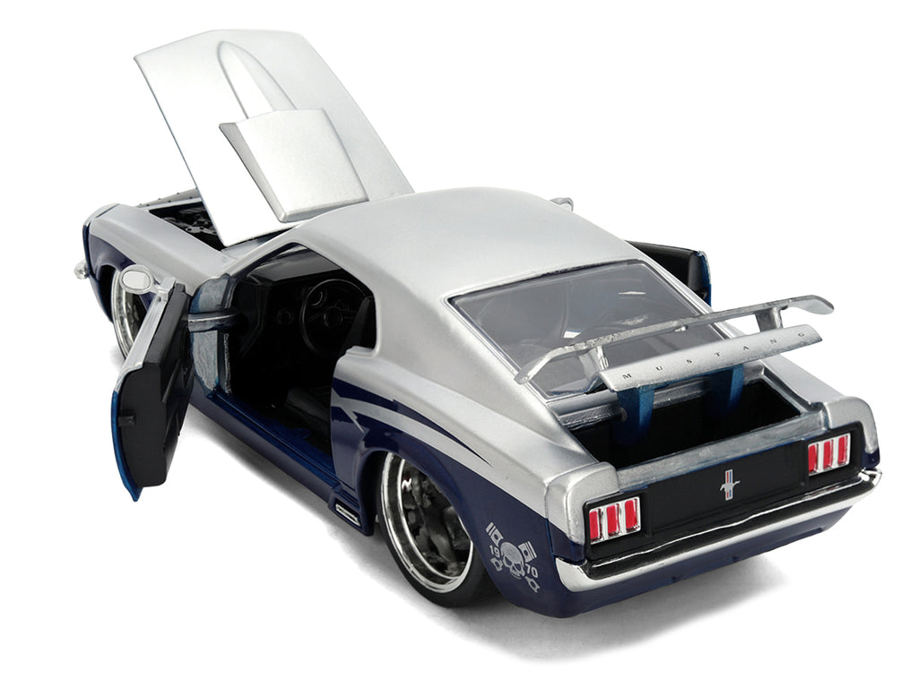 1970 Ford Mustang Boss 429 'Iron Stallion Speed Shop' Silver and Dark Blue Metallic 'Bigtime Muscle' Series 1/24 Diecast Model Car by Jada