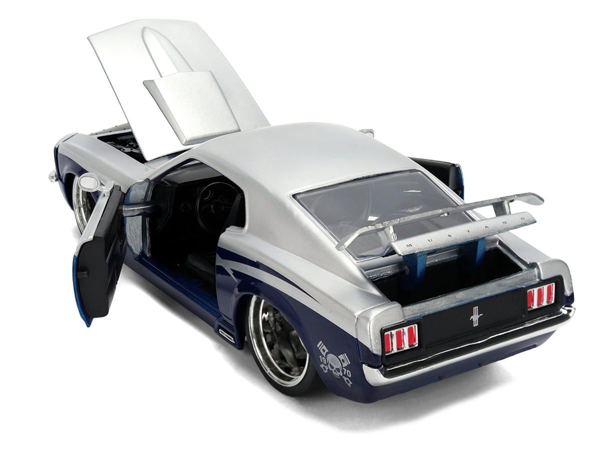 1970 Ford Mustang Boss 429 'Iron Stallion Speed Shop' Silver and Dark Blue Metallic 'Bigtime Muscle' Series 1/24 Diecast Model Car by Jada