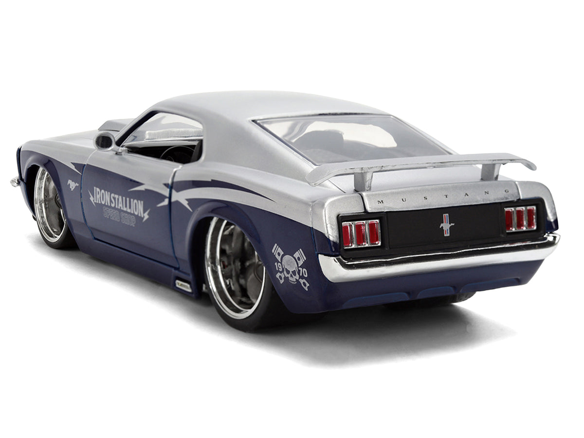 1970 Ford Mustang Boss 429 'Iron Stallion Speed Shop' Silver and Dark Blue Metallic 'Bigtime Muscle' Series 1/24 Diecast Model Car by Jada