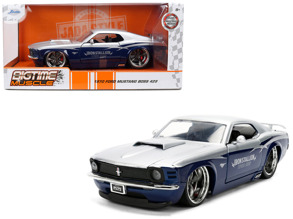 1970 Ford Mustang Boss 429 'Iron Stallion Speed Shop' Silver and Dark Blue Metallic 'Bigtime Muscle' Series 1/24 Diecast Model Car by Jada